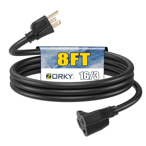Zorky 8ft Outdoor Extension Cord for Christmas Decorations – 16/3 Heavy Duty SJTW Waterproof Black Electrical Cable with 3 Prong Grounded Plug for Safety, Great for Lawn and Major Appliances