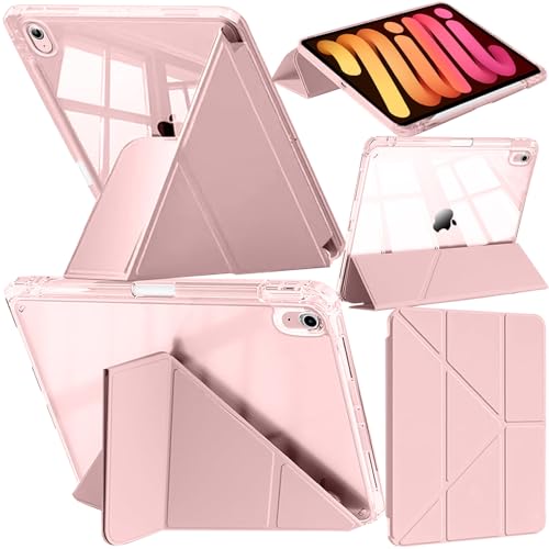Custodia Compatibile con iPad mini (A17 Pro, Modello 2024, 7a Generazione) / mini 6 2021 con Portapenne, Chiaro Antiurto, Supporto Pieghevole a Y 6 in 1, Auto Svegliati/Sonno, Rosa