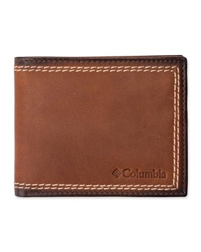Columbia Men's Contrast Stitch Traveler Wallet, Brown Contrast Stitch, One Size, Everyday Bifold Wallet - Multiple Card Slots, Id Window