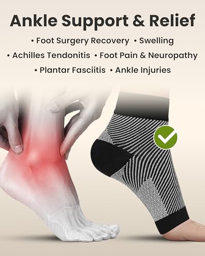 Image of KEMFORD Ankle Compression Sleeve - 1-Pair, Plantar Fasciitis Braces - Open Toe Compression Socks for Swelling, Sprain, Neuropathy, Foot Arch Support for Men and Women - 20-30mmhg, L, Black and White
