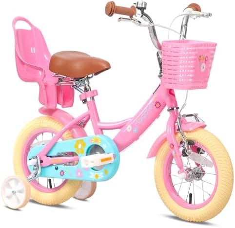 Glerc Kids Girls Pink Bike with Basket for 2-7 Years Old Kids, 12 14 16 Inch with Bell and Stabilisers