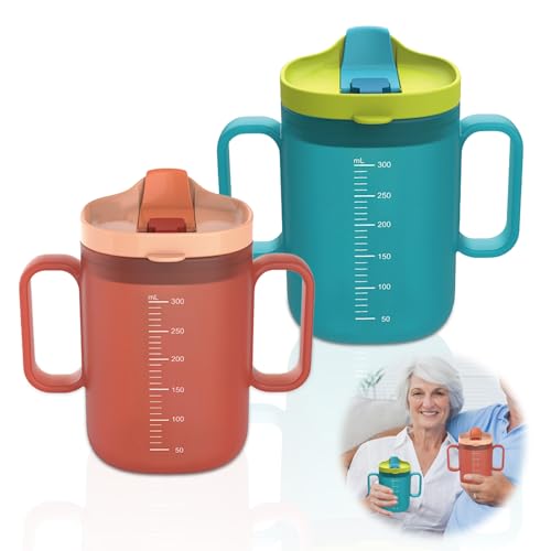 GOEDCH - GOEDCH Gobelet à bec seniors : 2 pièces 300 ml Gobelet anti-fuite avec double poignée et paille, 300 ml gobelets anti-fuite pour personnes âgées, gobelets avec couvercle pour personnes âgées et