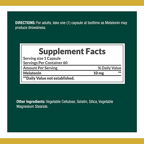 Nature's Bounty Melatonin, 100% Drug Free Sleep Aid, Dietary Supplement, Promotes Relaxation And Sleep Health, 10Mg, Green, 60 Count #TOP1