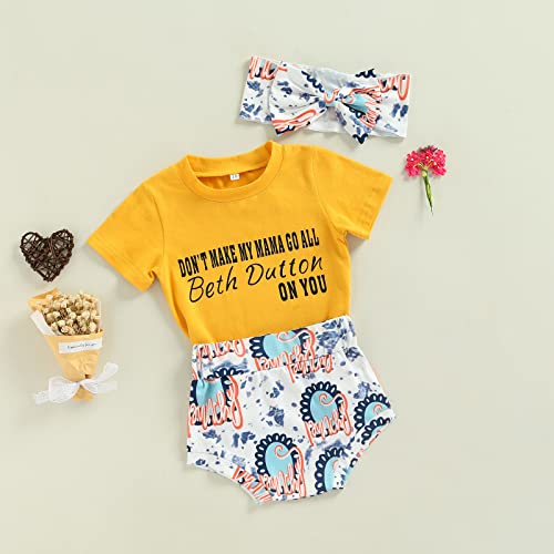 Kmbangi 3Pcs/Set Baby Girl Letters Print Short Sleeve T-Shirt Tops High Waist Pattern Shorts Headband Summer Outfits (Yellow, 0-6 Months) #TOP2