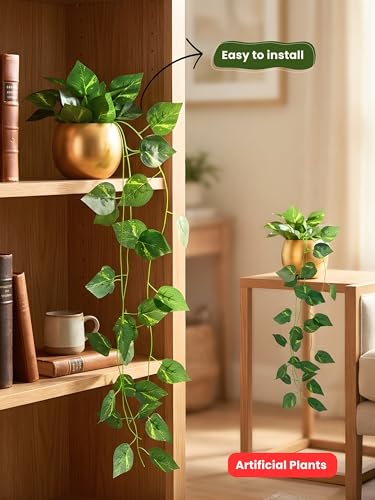 Image of Bombay Greens ; Sow, grow, eat, repeat Gold Metal Pot with Artificial Money Plant | Hanging Plant Wall Decor | Metal Pot for Home Decor, Living Room, Balcony & Office Decoration