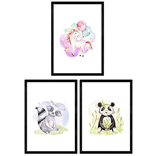 Nacnic Pack of three sheets with illustrations of animals. Posters with children's animal pictures. Unicorn panda bear and skunk. A3 size unframed