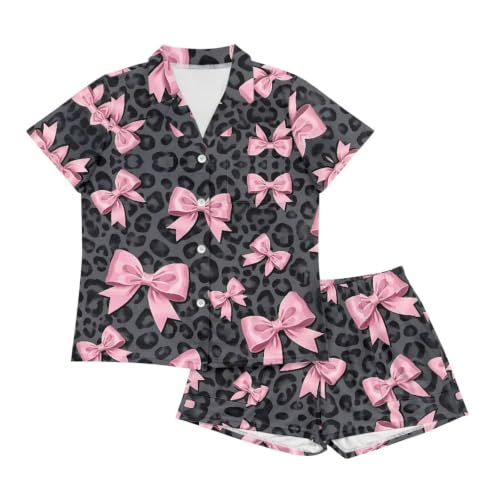 Image of Renewold Button Down Womens Pajama Set Short Sleeve Loungewear Bow Nightwear Sleepwear Night Suit Tops Shorts 2 Pieces