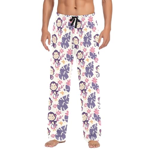 Mens Pajama Pants Pajama Bottoms Lightweight Pajama Pants Basics Sleep Pajama Lounge Pant (S-XXL) Cartoon Purple Palm Leaves and Monkeys pattern2