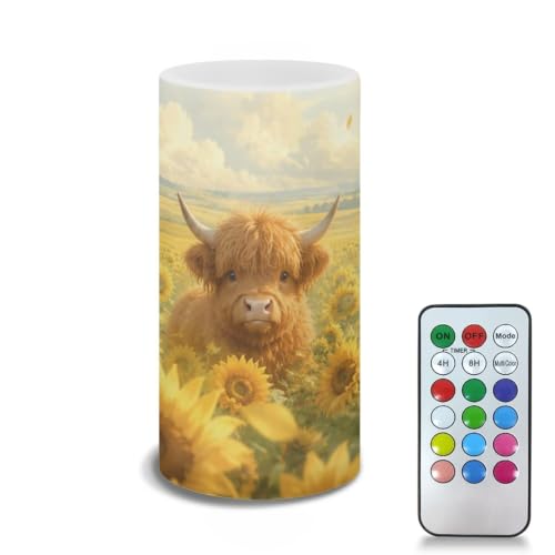 Image of Poceacles LED Flameless Candles Battery Operated Candles with Remote Control Timer Flickering Wick Pillar Tealight for Home Outdoor Decor, Sunflower Highland Cow