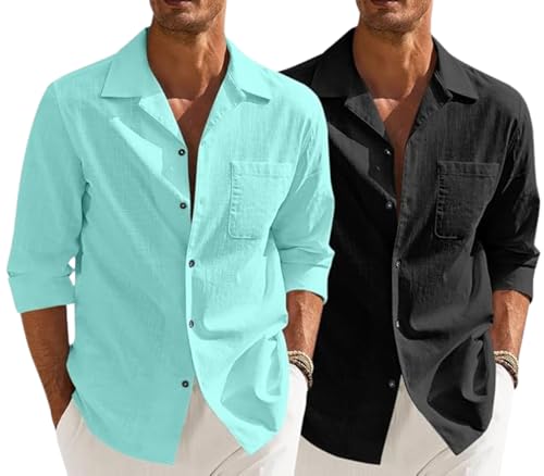 Image of Combo of Men's Casual Cotton Blend Shirt || Long Sleeve Button Down with Spread Collar | Lightweight Breathable Fabric | Stylish Solid Shirt for Beach, Office & Everyday Wear Pack of 2