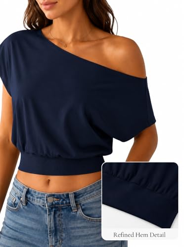 Image of SOFIA'S CHOICE Women's Off The Shoulder T Shirt Crop Top Casual Summer Dolman Sleeve Asymmetrical Cinched Waist Tops