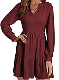Vestidos de Mujer de Manga Larga con Cuello en V, texturizados, Informales, con Volantes escalonados, una línea de Swing, Mini Vestido Babydoll(Red,L)