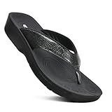 AEROTHOTIC Arch Support Flip Flops for women Stylish Cushioned Padded Straps with Soft Toe Post Slip on Footwear Dressy Travel Recovery Outdoor Comfortable Walking Sandals (Meira Black, Size 10)