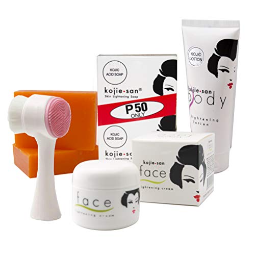 Kojie San Face & Body Whitening Set - 5 Piece Essentials! 2 Bars of Kojic Acid Soap, Body Lotion, Face Cream and Cleansing Brush - All-in-one Skin Lightening Set