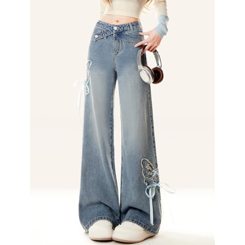 Kawaii Casual High Waisted Straight Leg Jeans for Women Y2K Fashion Side Butterfly Patchwork Denim Pants2