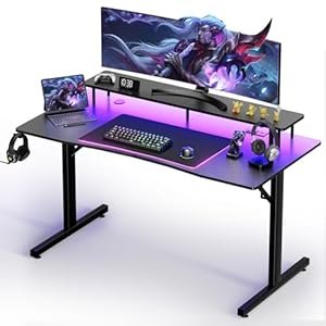 GTRACING 55 Inch Gaming Desk with LED Lights & Power Outlet, Computer Gamer Desk with Monitor Stand, Ergonomic Carbon Fiber Gaming Table Home Office Desk with Headphone Hook & Mouse Pad