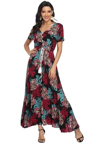 Image of VintageClothing Women's Floral Maxi Dresses Boho Button Up Split Summer Casual Long Dress Beach Party Dress
