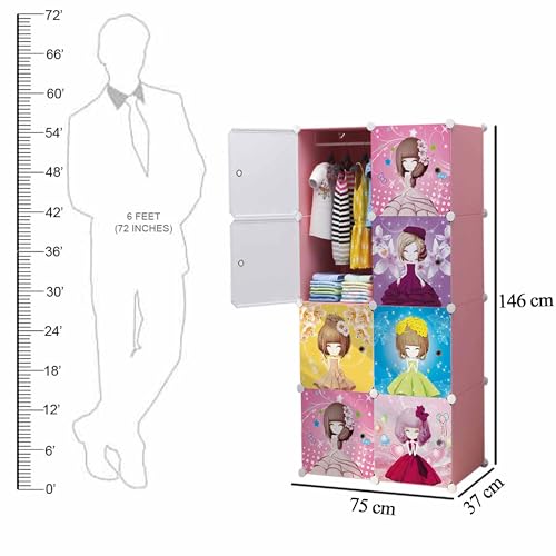 Image of AYSIS Almirah for Clothes, Plastic Soft Sheet Collapsible Wardrobe for Kids Toys /Books, Baby Cupboard Storage in Bedroom Nursery, Cartoon (Pink, 8-Shelf-8-Door)