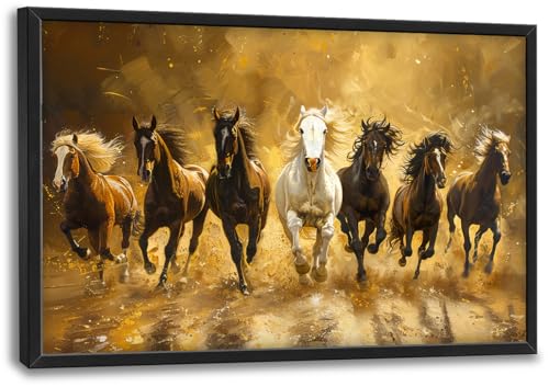 Large Horse Wall Art Lucky 7 Running Horses Painting Wall Decor Golden Canvas Prints Pictures Modern Framed Artwork Home Decoration above Bed for Living Room Dining Room Bedroom Office 36