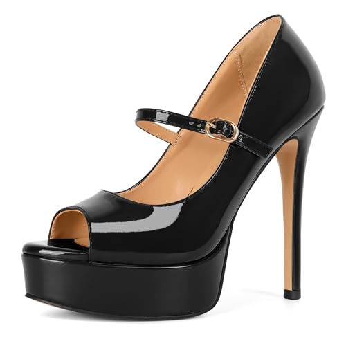 Image of SAMMITOP Women's Peep Toe High Heels Platform Stiletto Pumps Patent Mary Jane Heels 5.5 inch Party Wedding Dress Shoes