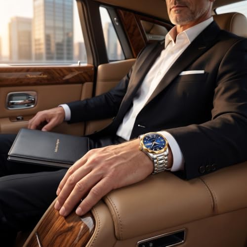 Image of GOLDENIZE FASHION Luxury Analog Roman Numeral Date Display Diamond Pattern Classics Stainless Steel Wrist Watch for Men