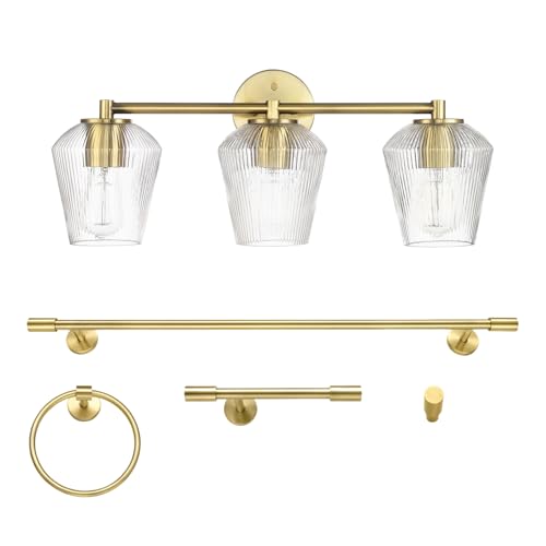 Image of GLOBE Electric 63000063 5-Piece All-in-One Bathroom Set, Matte Brass Finish, 3-Light Vanity Light, Glass Shades, Towel Bar, Toilet Paper Holder, Towel Ring, Robe Hook, Bathroom Lights Over Mirror