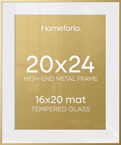 Image of Homeforia 20x24 Picture Frame Gold, High End Metal 24x20 Frames for Wall, 20x24 Gold Frame Matted to 16x20 Print, 20 x 24 Poster Large Frame with Mat 16 by 20 Photo, Tempered Glass, Wall Kit, Set of 2