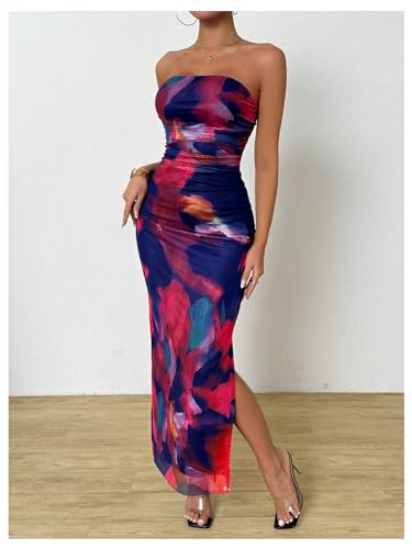 Image of GORGLITTER Women's Floral Strapless Bodycon Wedding Guest Dress Vacation Summer Birthday Tropical Maxi Long Sun Dresses
