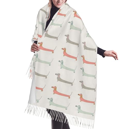 GrAtka Schal, Dackel-Hund, Unisex-Schal mit Fransen, groß, warm, weich, Kaschmir-Gefühl, Tücher, 196 x 68 cm