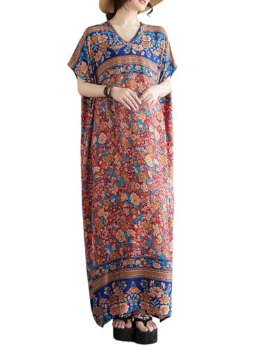 Image of Summer Floral Plus Size Dresses for Women V Neck Casual Loose Dress with Side Pockets