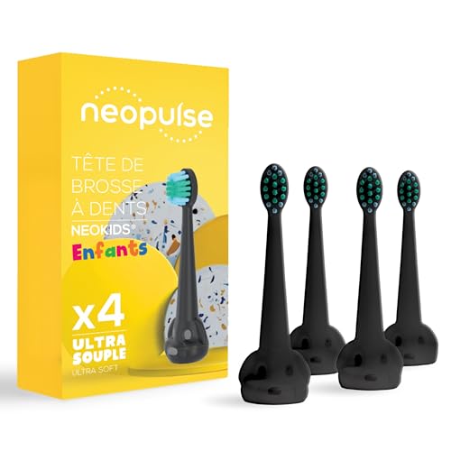 NEOPULSE® – Pack de 4 Repuestos para Cepillo Dental Eléctrico Infantil Sónico NEOKIDS® – Cabezales Negros Ultrasuaves de Nailon – Compatible con NEOSONIC® – Desde 3 Años