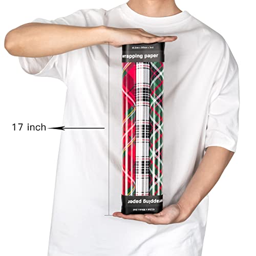 MAYPLUSS Christmas Wrapping Paper Roll - Mini Roll - 17.3 inch X 120 inch Per roll - 3 Different Red & Black Plaid Design (43.2 sq.ft.ttl)