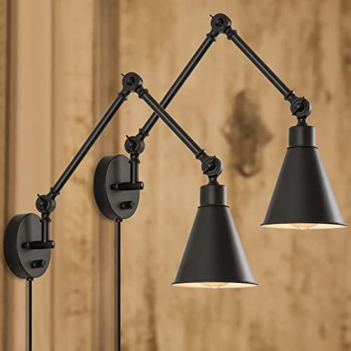 Plug in Wall Sconce Lamp, Industrial Swing Arm Wall Light Fixture with Dimmable Switch, Metal Black Wall Reading Light for Bedroom Living Room, Set of 2