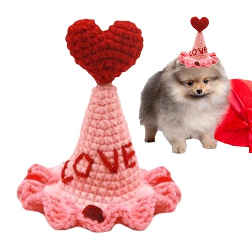 Gorro Para Mascotas - Gorro Tejido Con Gatos Pequeños De Ganchillo De Dibujos Animados | Sombreros Divertidos De Poliéster Para Gatos, Gorros Cómodos Para San Valentín Para Mascotas, Sombrero De Ganch