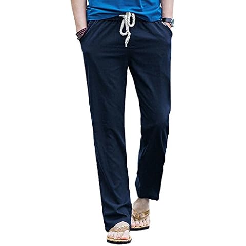 Gopune Men's Casual Pants Linen Trousers Lightweight Elasticated Waist with Pockets(Dark Blue,L) Cover