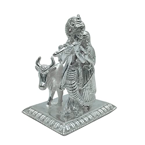 Image of MAA SILVER Pure Silver Radha Krishna BIS Hallmarked Solid Idol /Murti Playing Flute with Cow & Rectangle Base Perfect for Gifting & Pooja Use (925 Purity)(230 Grams Silver)