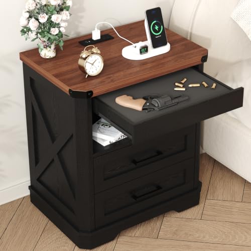 Image of Yusong Farmhouse Night Stand with Gun Drawer & Invisible Lock, Rustic Wooden Night Stand with Charging Station, Beside Table with Drawers and Open Storage, End Tables for Bedroom, Black