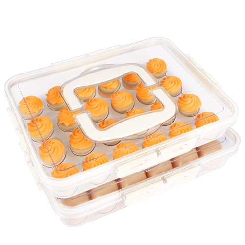 Image of RoskDeewat Deviled Egg Containers with Lid, 2 Pack Thick Clear Plastic Deviled Carrier with Handle Storage 48 Eggs, Stackable Egg Holder Portable Tray Platter for Fridge, Travel, Party-White