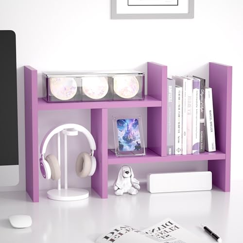 Image of Jerry & Maggie Desktop Organizer Office Storage Rack Adjustable Wood Display Shelf Free Style Double H, Multi-Functional Mini Bookshelf for Desk Natural Stand (Violet)