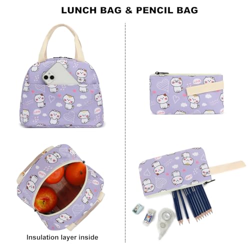 Cat Girls Backpack for School, Kids Elementary School Bag Teens Middle Bookbag Set with Lunch Box Pencil Case3