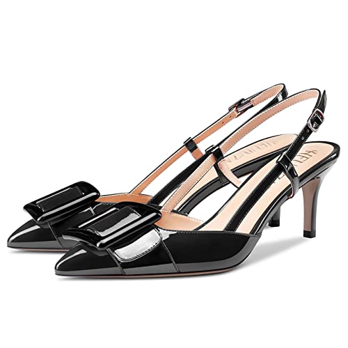 HEUIVZAR Women Pointed Toe Stiletto Mid Heel Pumps Ankle Strap Slingback Patent Dress Shoes 2.5 Inch4