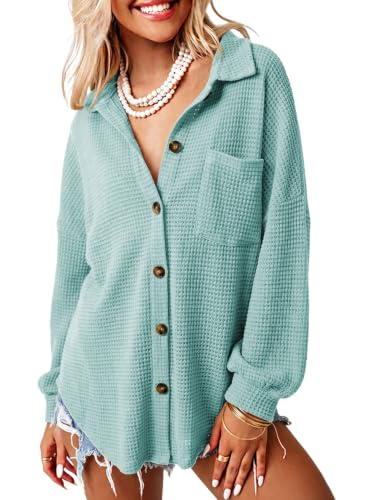 Image of Dokotoo Womens Waffle Knit Shacket Jacket Casual Button Down Shirts Tops | Long Sleeve,Loose Fit,Boyfriend Style,Collared V Neck,Fall Cardiga,Outwear with Pockets