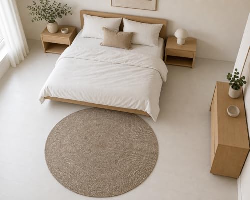 Image of Handmade Cotton Braided 3x3 feet Throw Rug - Washable, Low Pile Reversible Floor Mat for Bedroom, Kitchen, Entryway & Living Room - Eco-Friendly Woven Carpet - (Beige Mix, Round)