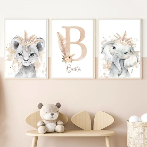 3 Laminas Personalizadas Bebe Cuadros Iniciales Poster Animales Selva León Elefante Jirafa Habitacion Infantil Decoración Pared Habitación Niño Niña Regalo 30x40 cm sin Marco