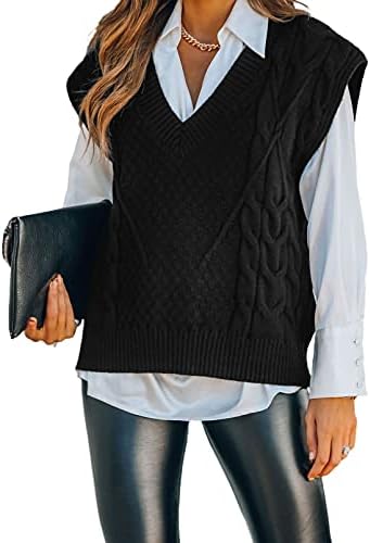 Dokotoo Oversized Sweaters for Women Black Sweater Vest Women Sleeveless Sweater Tops Vintage Knit V Neck Sweater Vest Business Casual Outfits for Women Christmas Cropped Pullover Sweater Tank,Medium