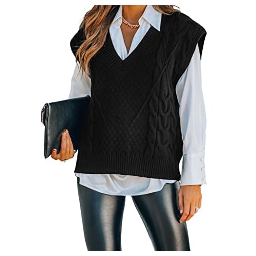 Dokotoo Oversized Sweaters for Women Black Sweater Vest Women Sleeveless Sweater Tops Vintage Knit V Neck Sweater Vest Business Casual Outfits for Women Christmas Cropped Pullover Sweater Tank,Medium