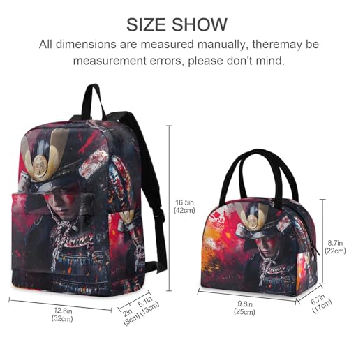 Backpack Lunch Bag Set Colored Painting Samurai Print, Big Storage Travel Backpacks with Insulated Lunch Box for Office Hiking Picnic2