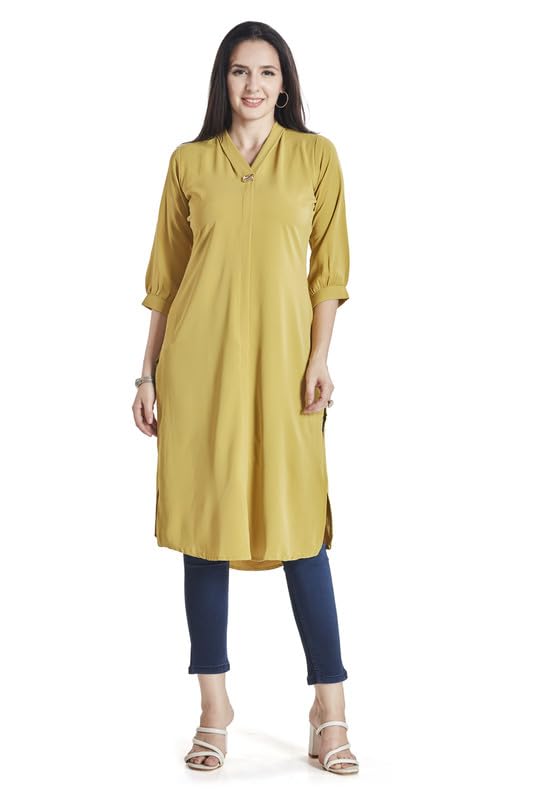 Image of nioni Women's Straight Solid Kurti with V-Fold Neck | Rayon Lycra Material | Fashionable Micro Pleates | 3 /4th Sleeve Kurta for Woman & Girls (S to 2XL)