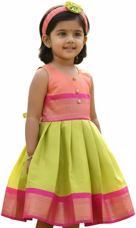 Girls South Indian Traditional pattu Pavadai Tapeta Frock | South Indian Pattu Pavadai Ethnic Wear for Girl | Sleeveless Outfit for Birthdays, Weddings & Festive Occasions, Diwali