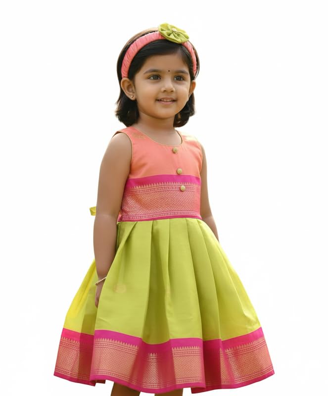 Girls South Indian Traditional pattu Pavadai Tapeta Frock | South Indian Pattu Pavadai Ethnic Wear for Girl | Sleeveless Outfit for Birthdays, Weddings & Festive Occasions, Diwali
